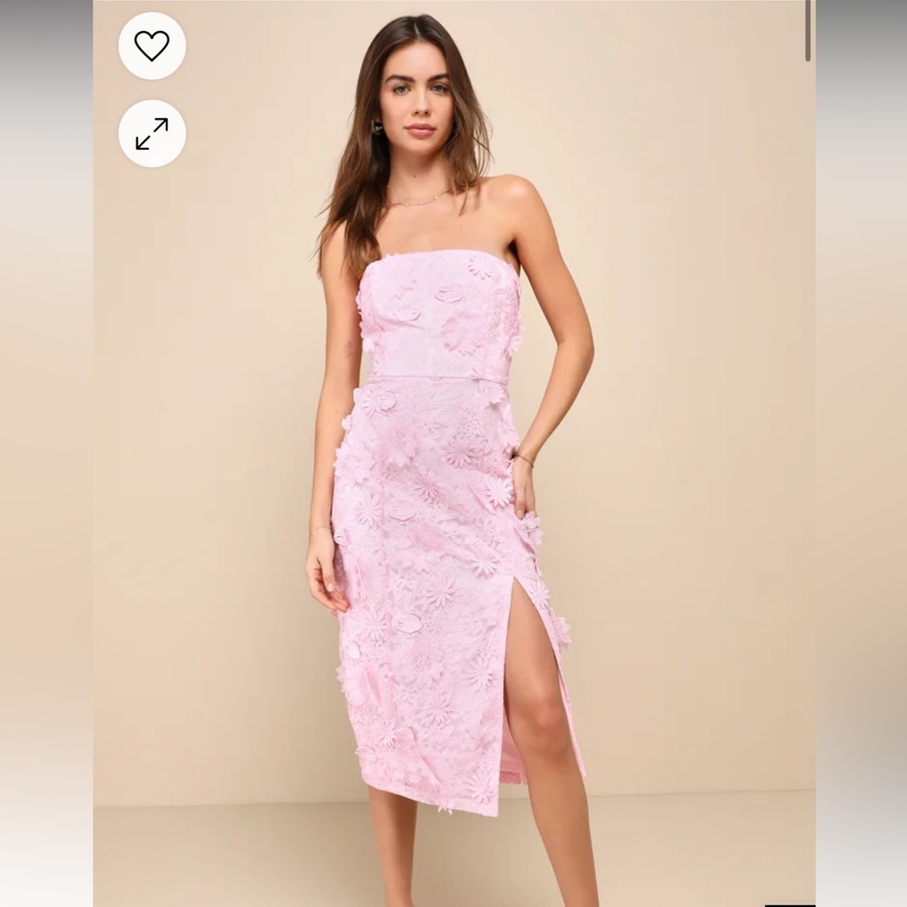 Lulu's Pink Strapless Midi Dress with Floral Appliqués style: Elevated Sensation